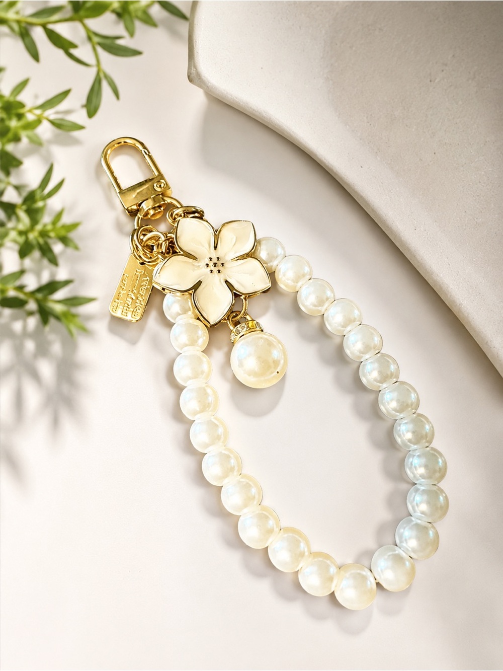 Gold & Enamel Floral Faux Pearl Beaded Bag Charm Keychain Just Fashion Fun